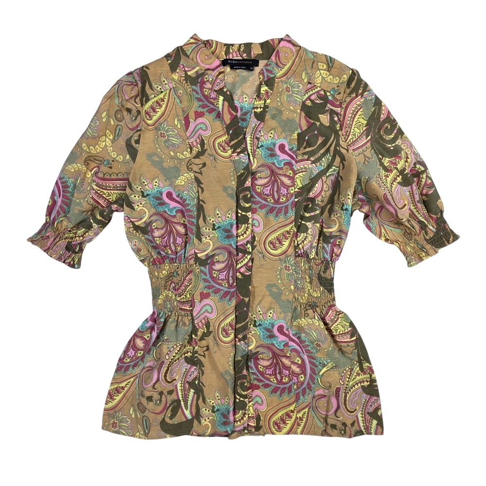 BCBGMAXAZRIA Womens Paisley Smocked Waist Blouse Multicolor Half Sleeve Size M